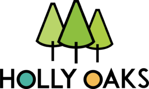 A stylized logo for Work at a Pizza Place features green trees resembling pizza slices, while Monticello Oaks adds a touch of class. Circles at the bottom, one teal and one orange, complete the imagery with a nod to Utility Valet elegance.