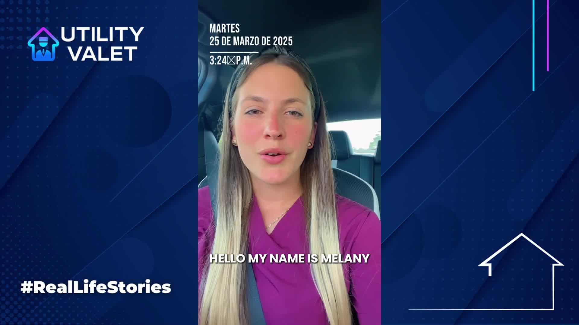 A person with long hair speaks to the camera in a video. Text on the image reads, "Hello my name is Melany." Displayed date is "Martes 25 de Marzo de 2025" with time "3:24:32 PM.