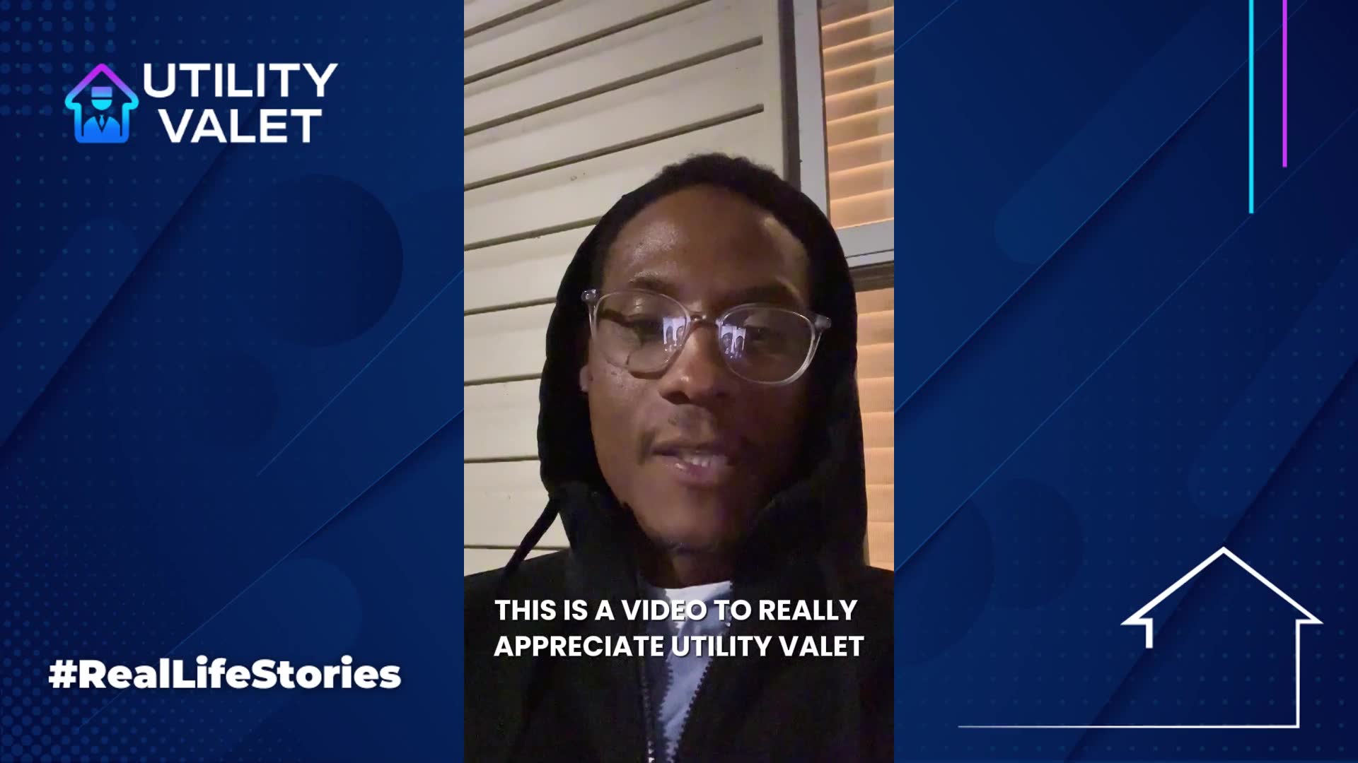 A person wearing glasses and a hoodie speaks on a video call. Text reads, "This is a video to really appreciate Utility Valet," with hashtags and a company logo visible.