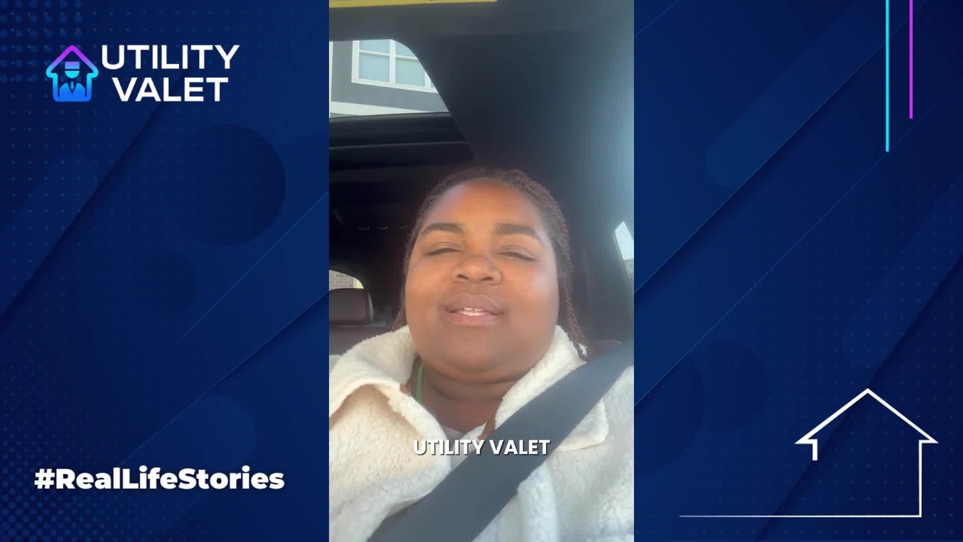 A person in a car speaks to the camera, wearing a light jacket with a seatbelt on. The image has the text "UTILITY VALET" and "#RealLifeStories.