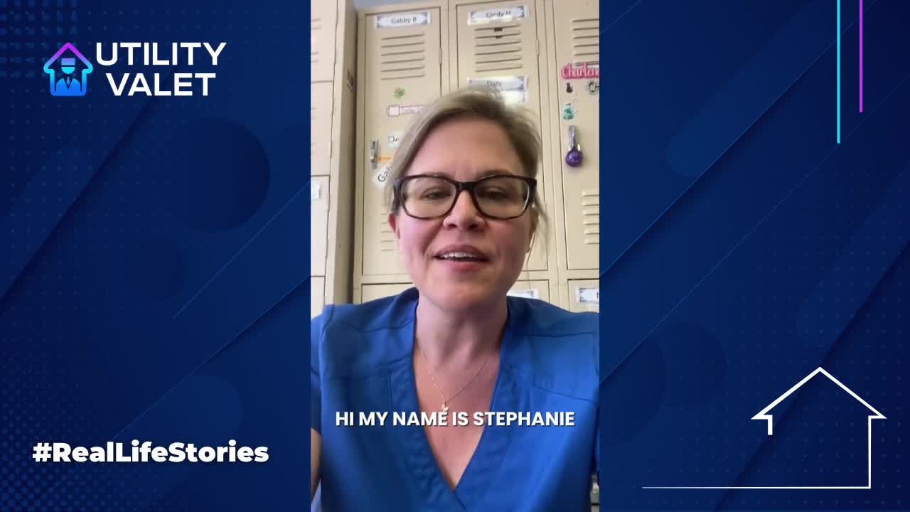 Person in blue scrubs speaking in front of lockers, with text overlay: "Hi my name is Stephanie". Background includes "Utility Valet" logo and "#RealLifeStories".