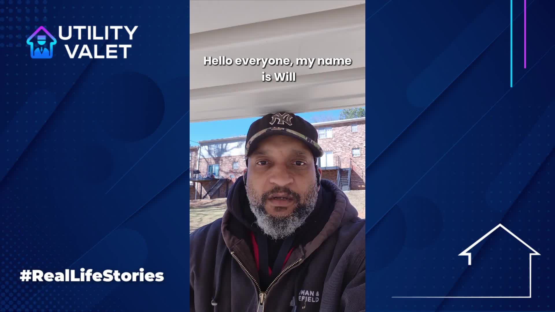 Man wearing a cap and jacket speaks in a video. Text reads: "Hello everyone, my name is Will." Logos and hashtags are present.