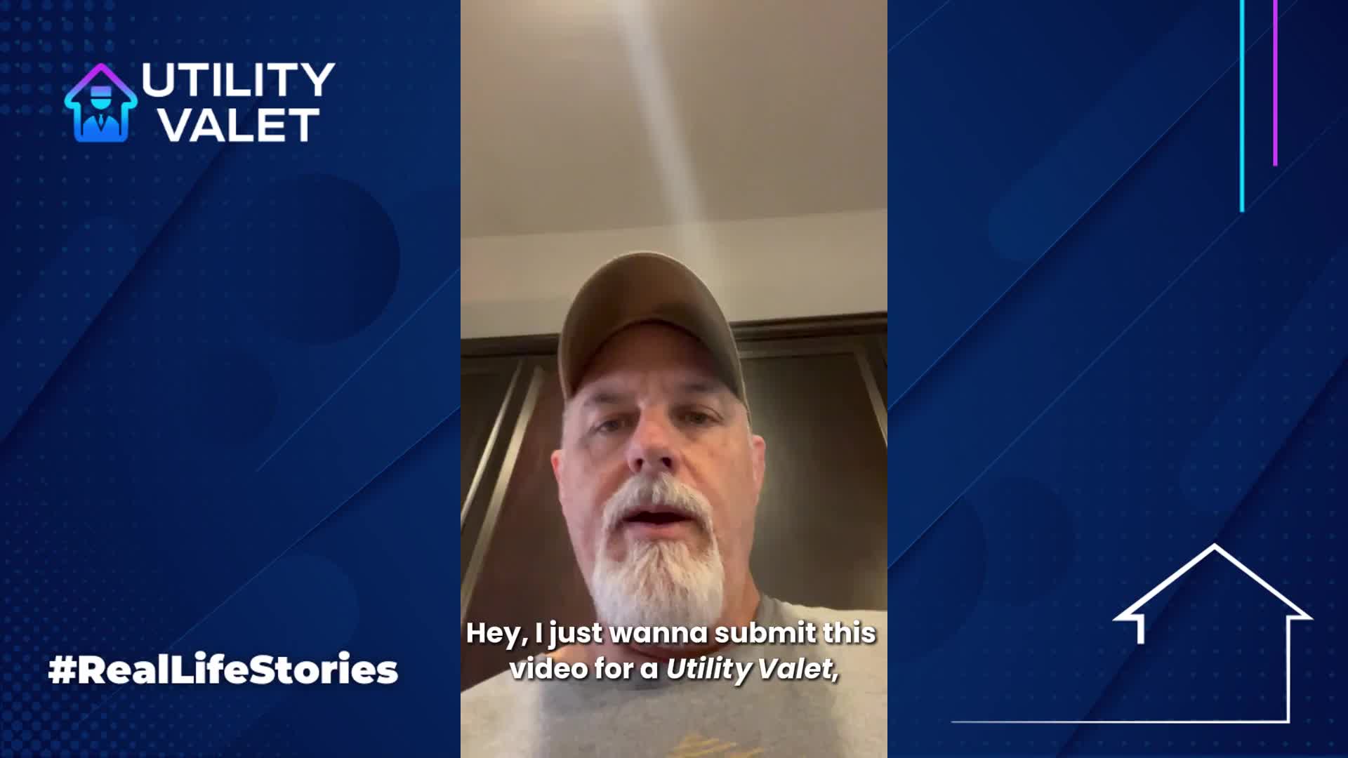 Man in a cap speaks on a video call, with "Utility Valet" branding and "#RealLifeStories" text on screen.