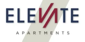 Logo for Elevate Apartments with "ELEVATE" in large blue and red letters and "APARTMENTS" in smaller black letters below on a light background, featuring a subtle Mynd - Utility Valet touch for a modern appeal.