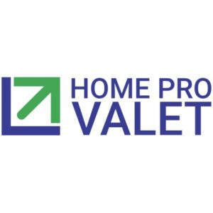 Logo with a green upward-right arrow in a square beside the blue text "HOME PRO VALET" on a white background, inspired by the Mynd - Utility Valet brand.