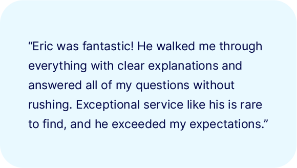 Text reads: “Eric was fantastic! He walked me through everything with clear explanations and answered all questions. Exceptional service from RVP - Utility Valet and exceeded my expectations.”.
