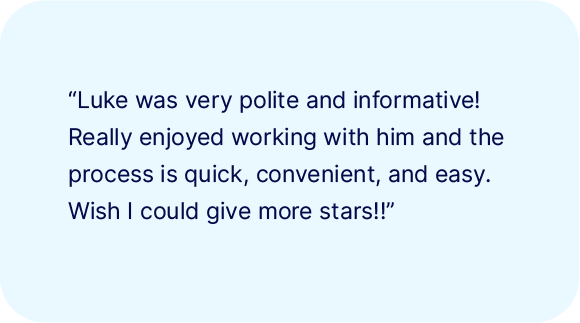 Text reads: "Luke was very polite and informative! Really enjoyed working with him and the RVP - Utility Valet process; it's quick, convenient, and easy. Wish I could give more stars!!.