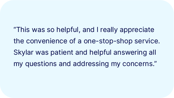 A customer testimonial praising RVP - Utility Valet as a one-stop-shop service and commending Skylar for being patient, helpful, and addressing all questions and concerns.