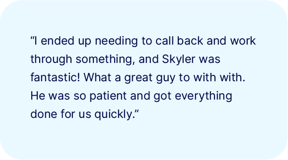 Text on a light blue background reads: "I ended up needing to call back and work through something, and Skyler from RVP - Utility Valet was fantastic! What a great guy to work with. He was so patient and got everything done for us quickly.