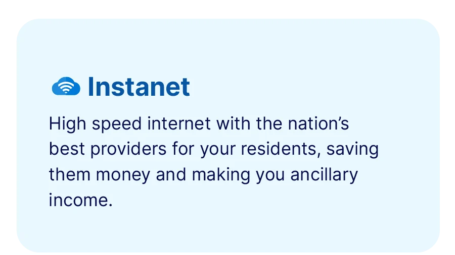 A blue card with a Wi-Fi icon and the text: "Instanet, powered by RVP - Utility Valet. High speed internet with the nation’s best providers for your residents, saving them money and making you ancillary income.