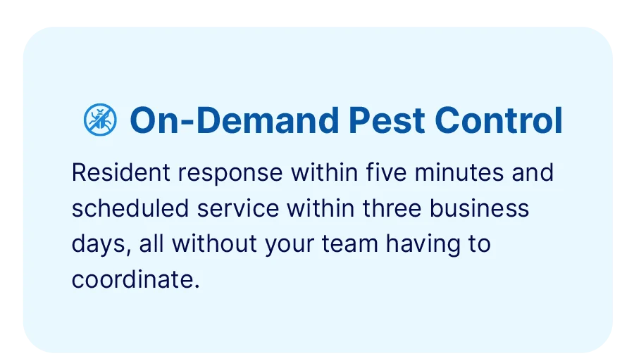 A text box describes RVP - Utility Valet’s on-demand pest control with five-minute resident response and service within three business days, requiring no team coordination.