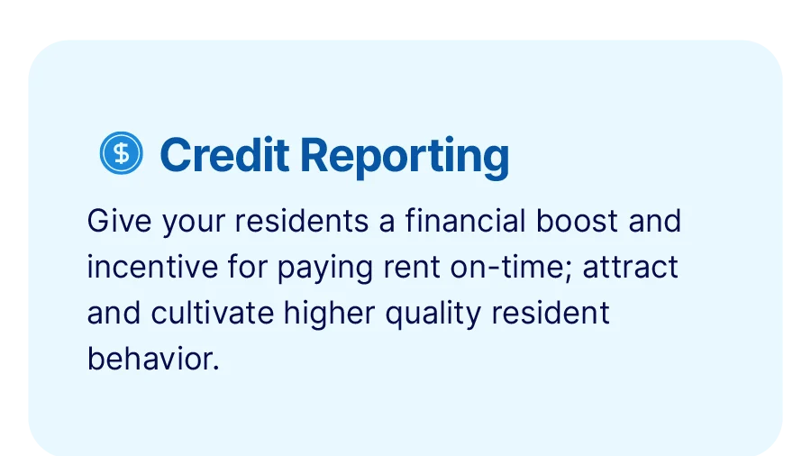 A blue box titled "Credit Reporting" explains the benefits of encouraging on-time rent payments with RVP - Utility Valet to attract higher quality resident behavior.