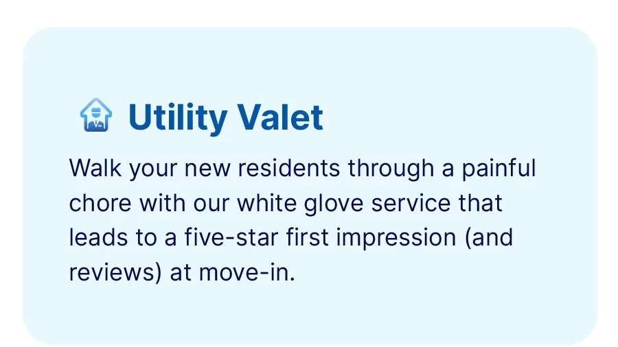 A light blue box with the heading "Utility Valet" highlights RVP - Utility Valet’s white glove service, designed to improve first impressions and reviews for new residents at move-in.