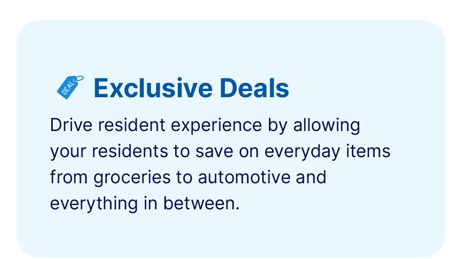 A light blue box labeled "Deals" with the heading "Exclusive Deals" and text about saving on everyday items from groceries to automotive for RVP - Utility Valet residents.